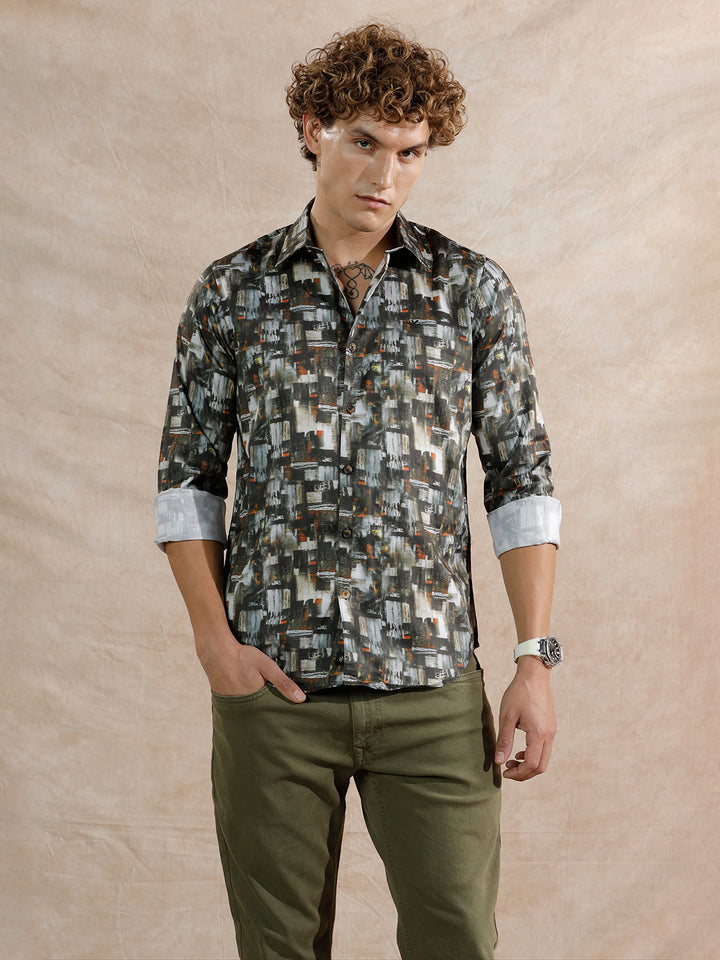 Flowy AOP Slim Fit Shirt | Dark Olive