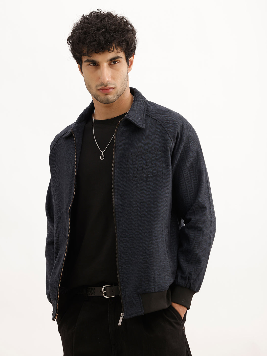 Classic Regular Fit Herringbone Brushed Jacket | Navy Blue