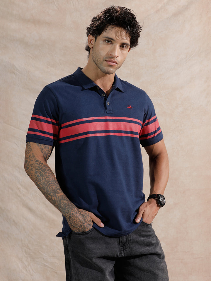 Striped Slim Fit Polo T-Shirt  | Navy Blue