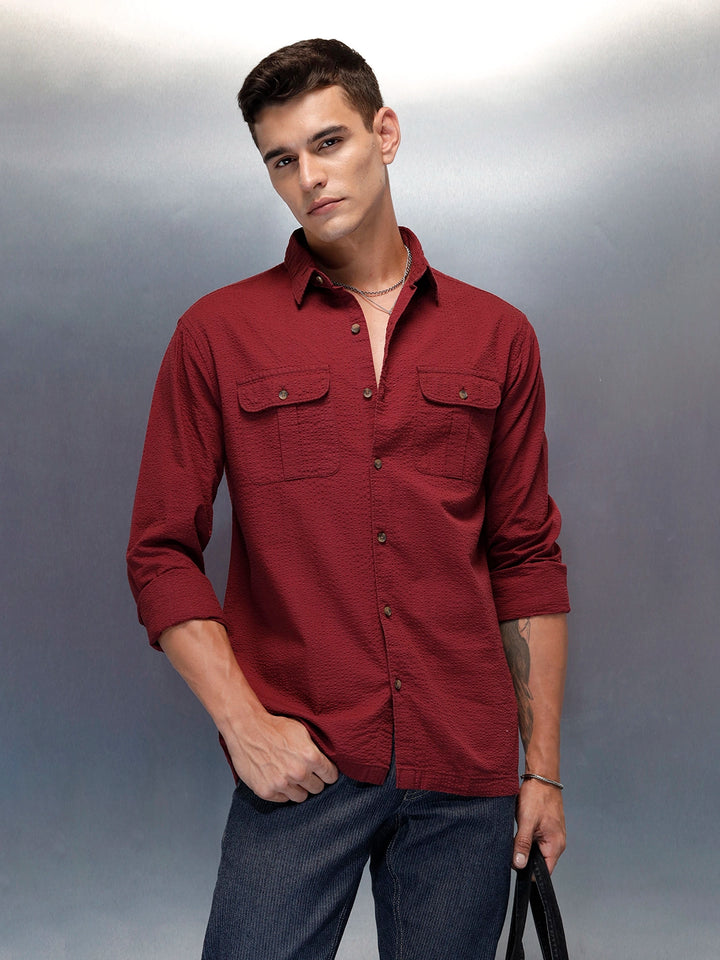 Textured Men's Casual Regualr Fit Shirt | Maroon