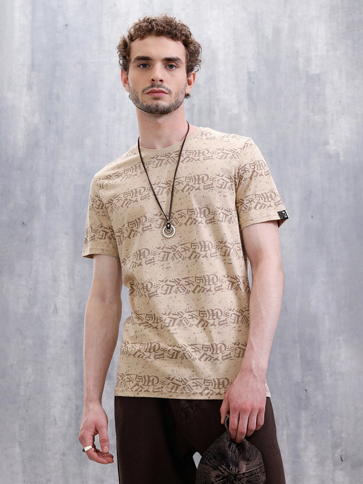 Ancient Script Striped AOP T-Shirt | Khaki