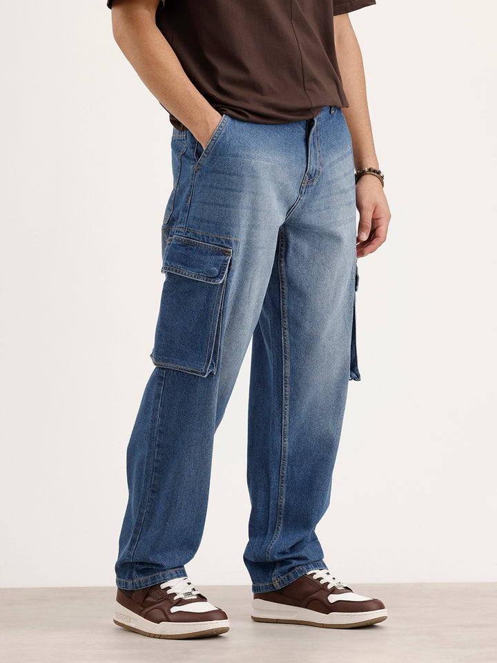 Loose Fit Cargo Denim Jeans | Light Blue