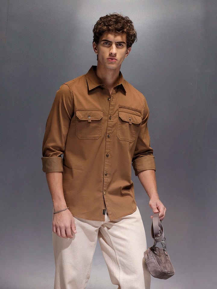 Men's Slim Fit Casual Shirt with Double Pocket  |  Khaki
