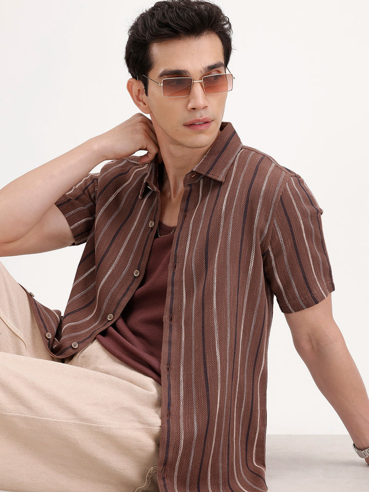 Slim Fit Textured Striped Shirt | Brown