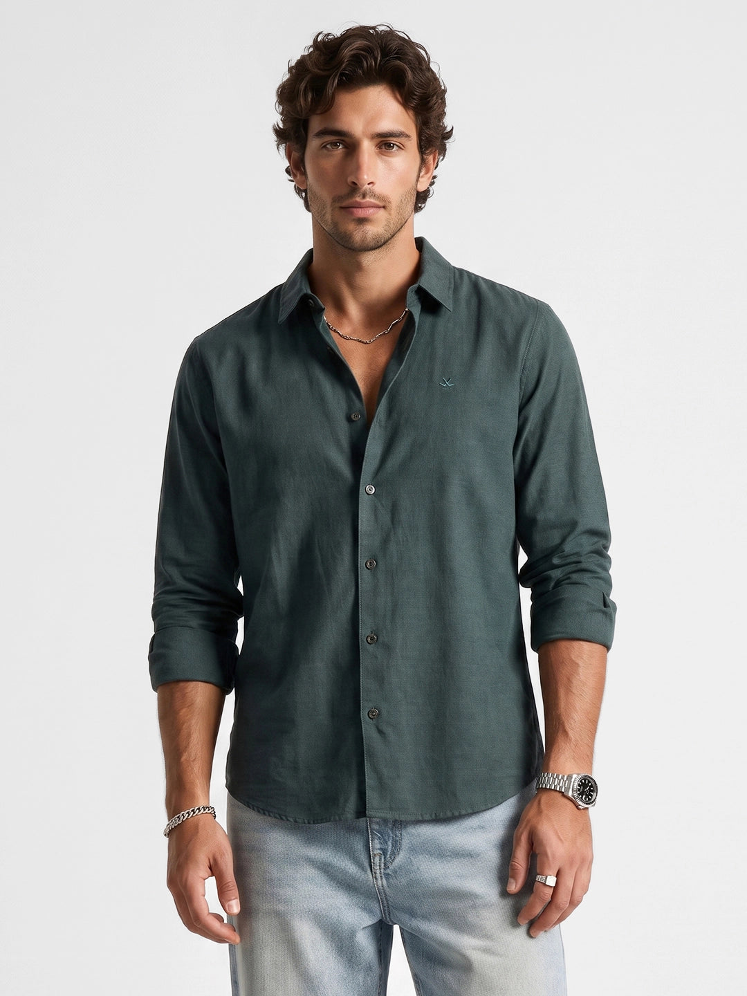 Solid Regular Fit Full Sleeve Shirt | Dark Green | WSH01FSSL0676M
