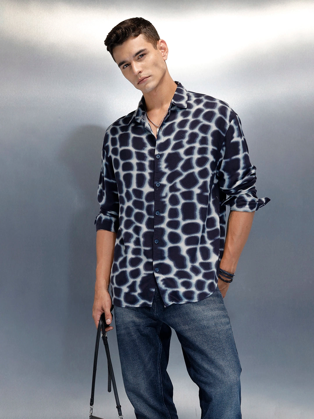 Wrogn Abstract Printed Oversized Fit Shirt | Blue