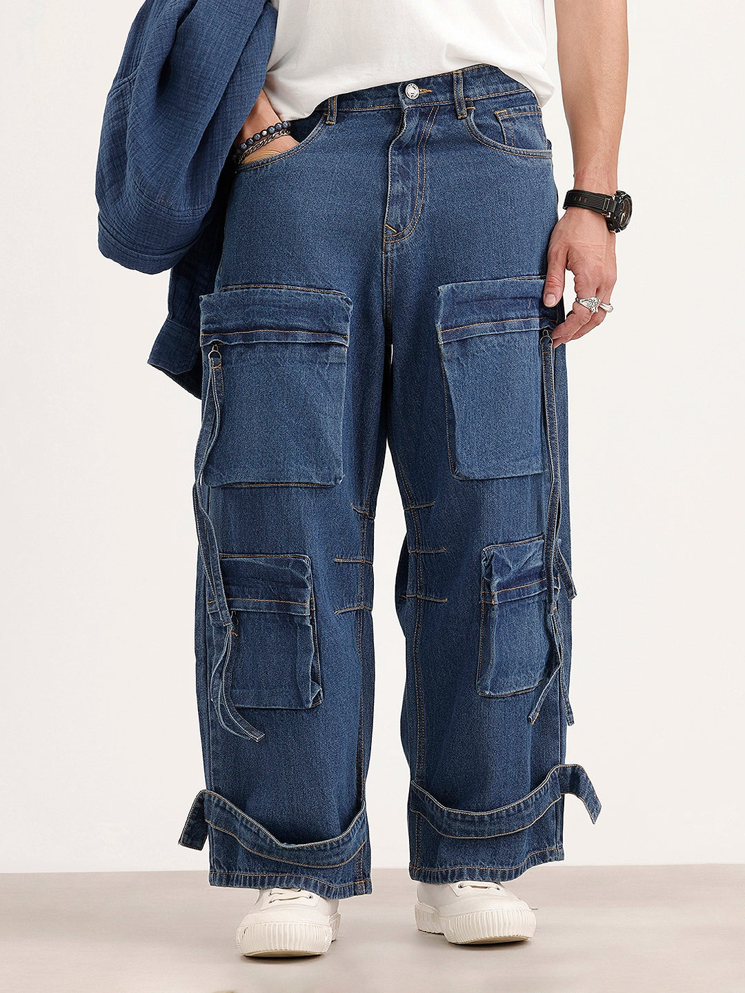 Baggy Fit Cargo Denim Jeans | Navy Blue