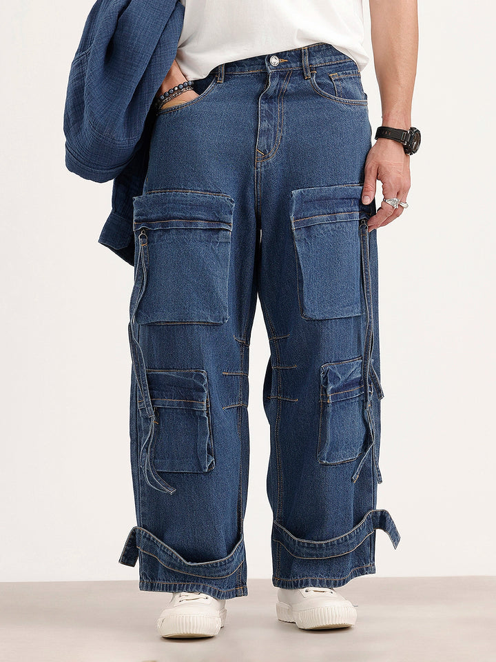 Baggy Fit Cargo Denim Jeans | Navy Blue