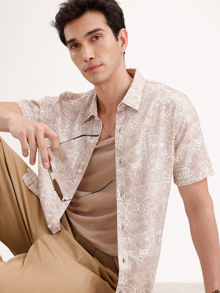 Slim Fit AOP Shirt | Beige