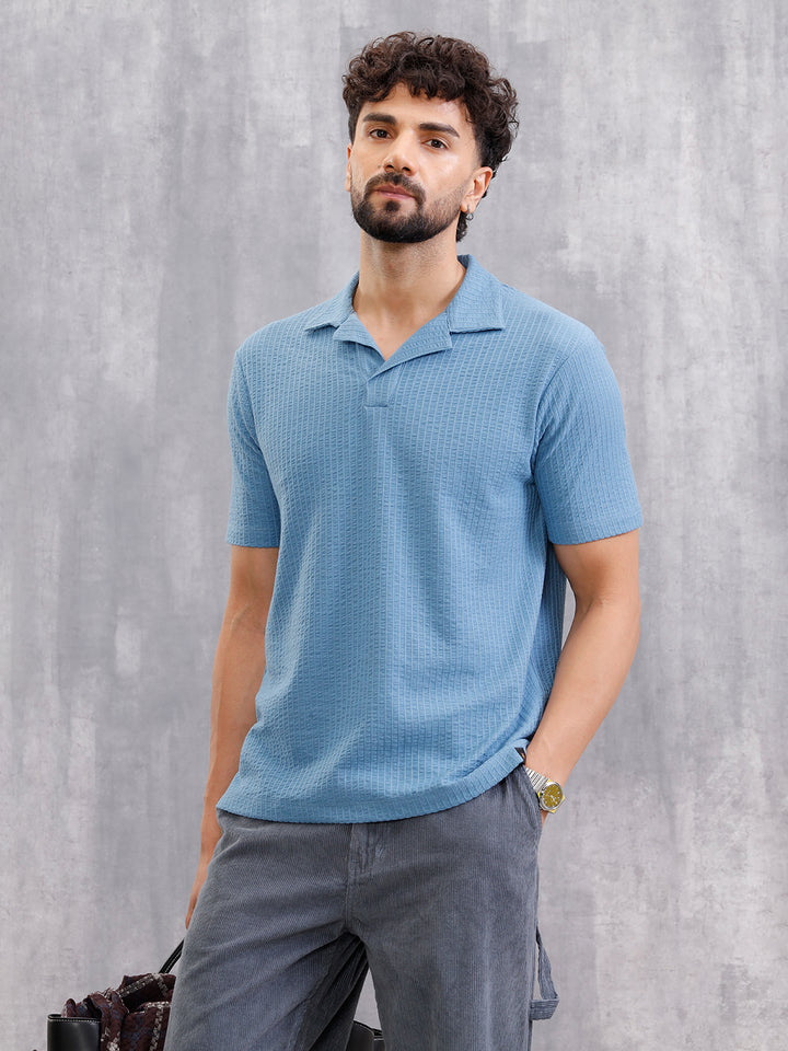 Resort Collar Textured Seersucker Fabric Polo T-Shirt | Blue