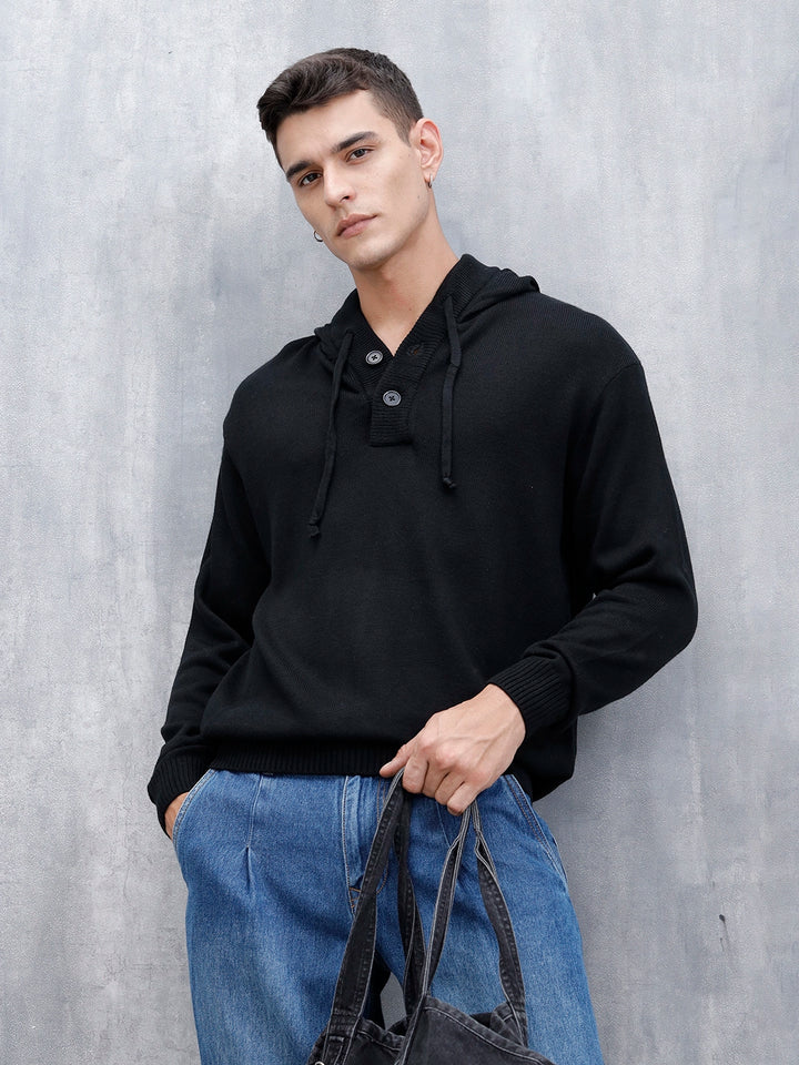 Men's Solid Casual Hoodie Pullover  | Black