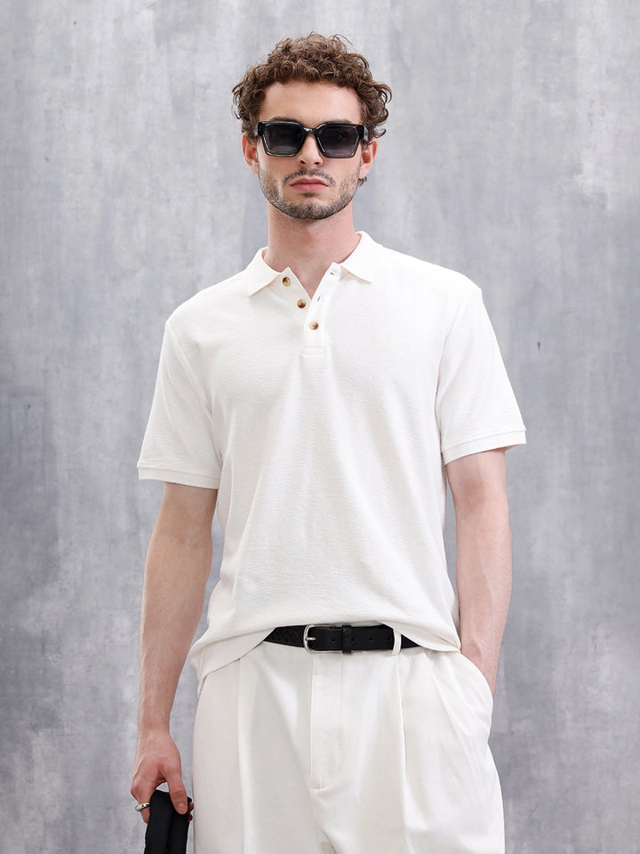 Crinkled Knit Polo T-Shirt | Off White