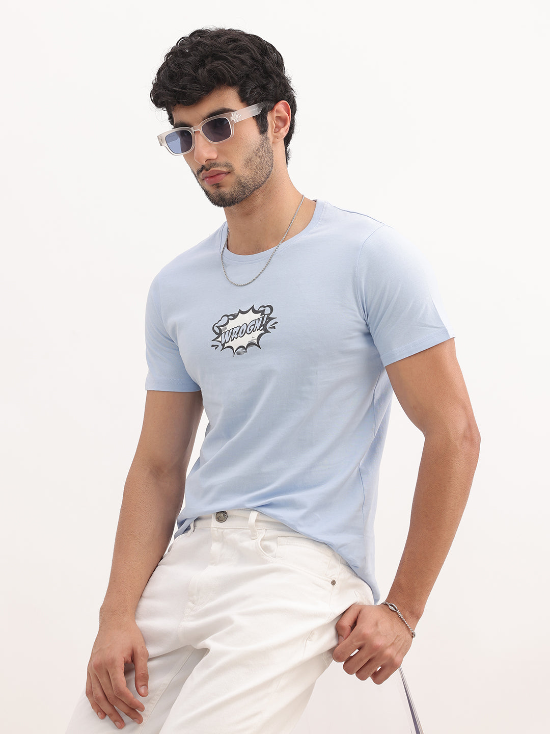 Classic Slim Fit Placement Printed T-Shirt | Light Blue