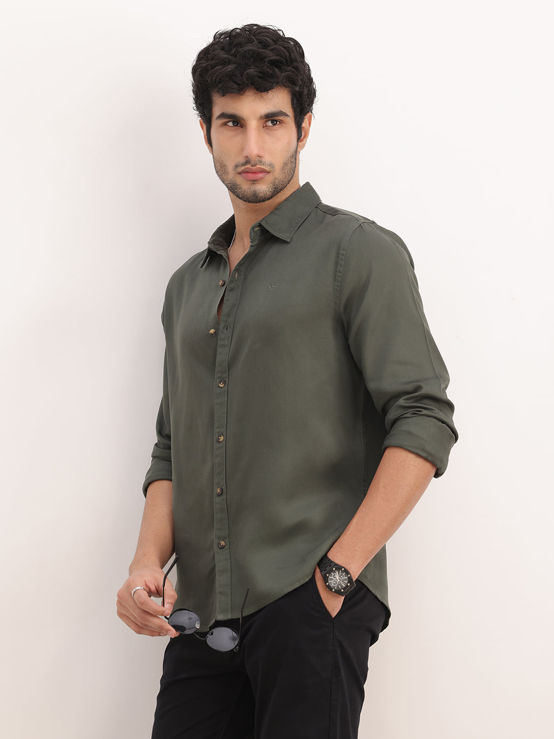 Solid Slim Fit 100% Tencel Shirt | Olive