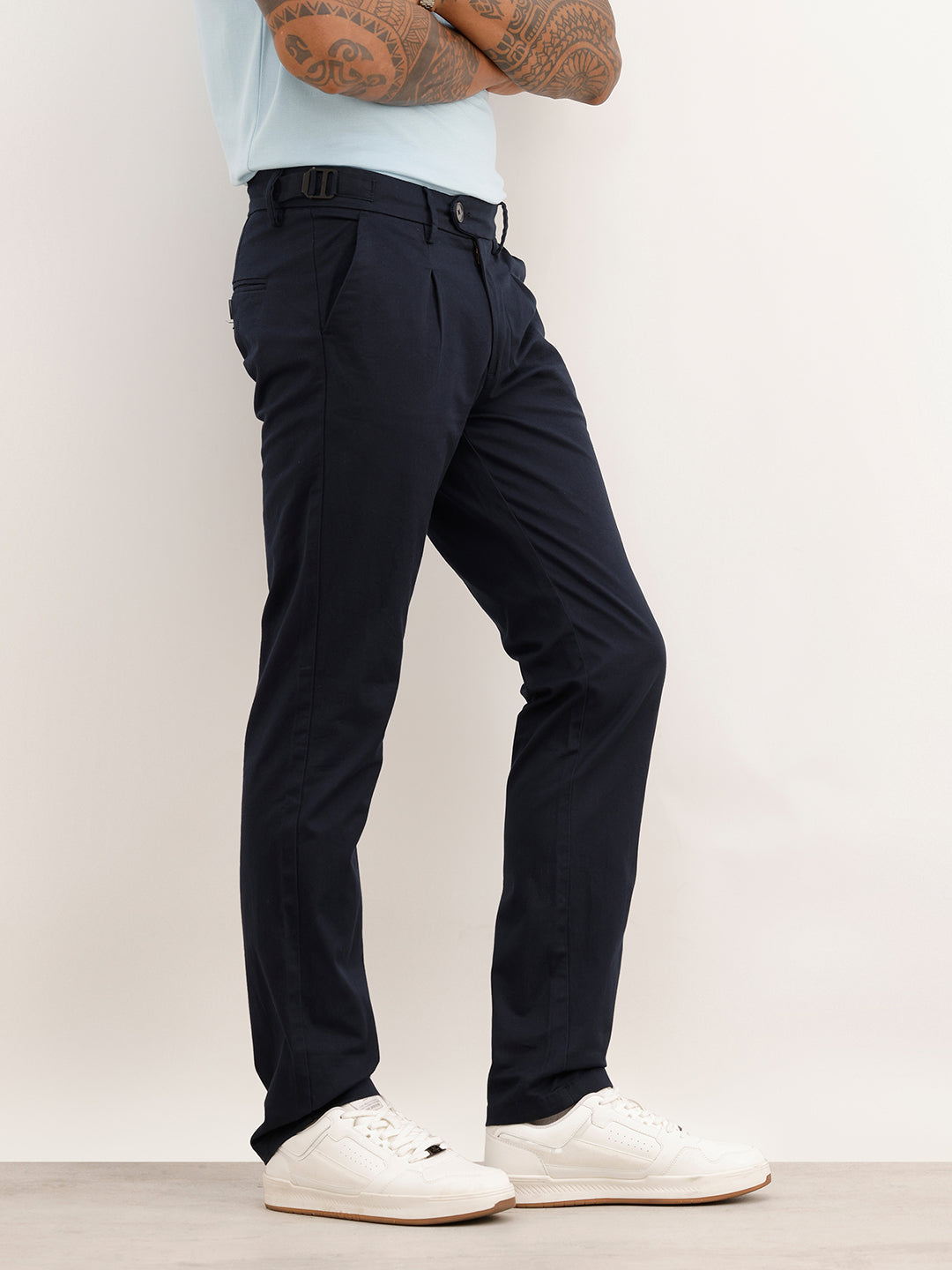 Solid Slim Fit Pleated Trouser | Navy Blue