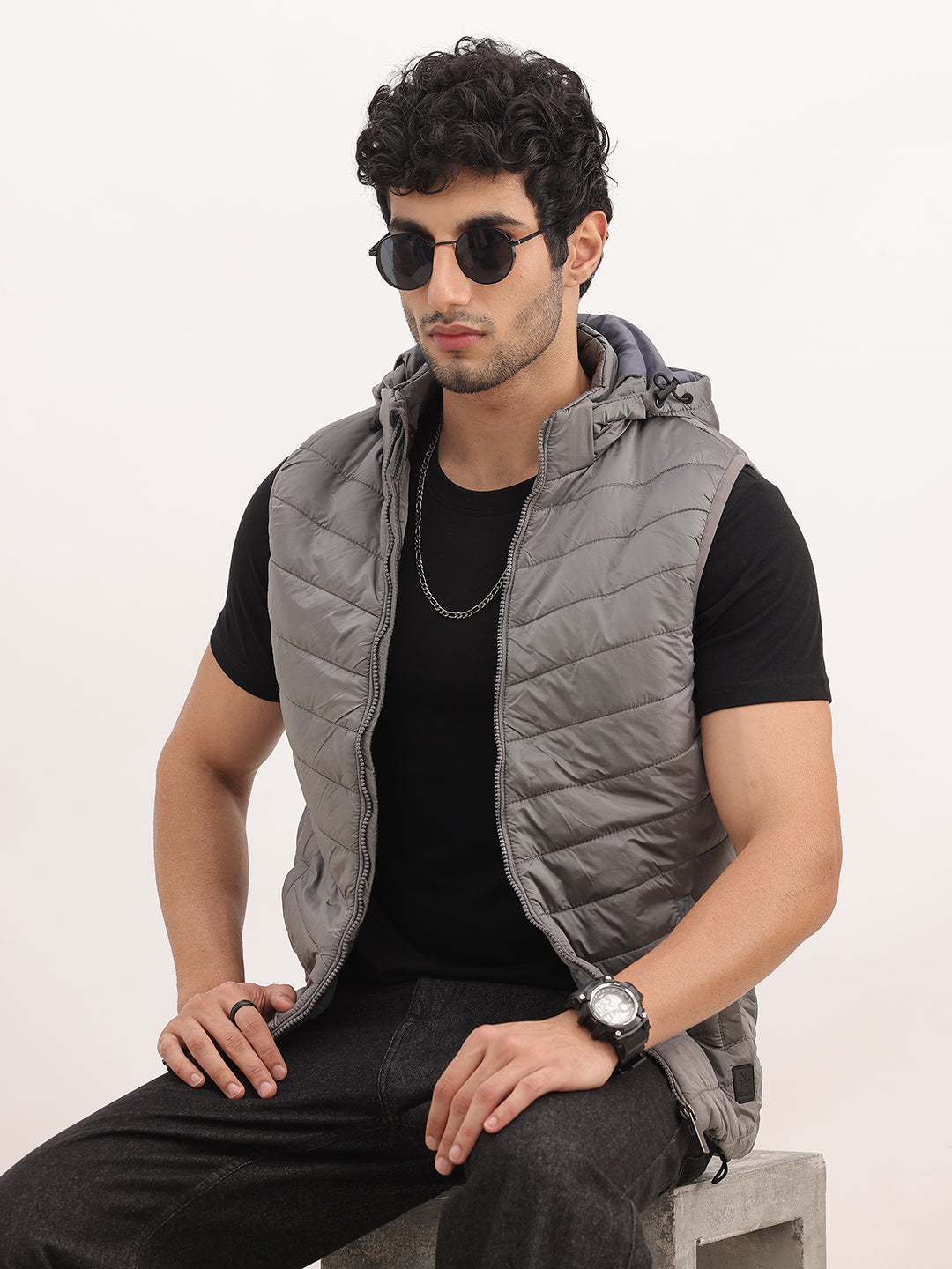 Slim Fit Cut Off Sleeve Hooded Puffer Jacker | Silver