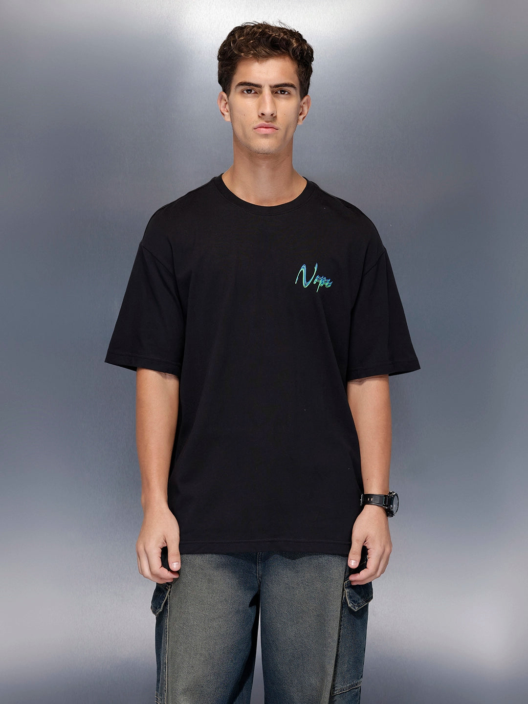 Men’s oversized black t-shirt with minimal chest print | Black