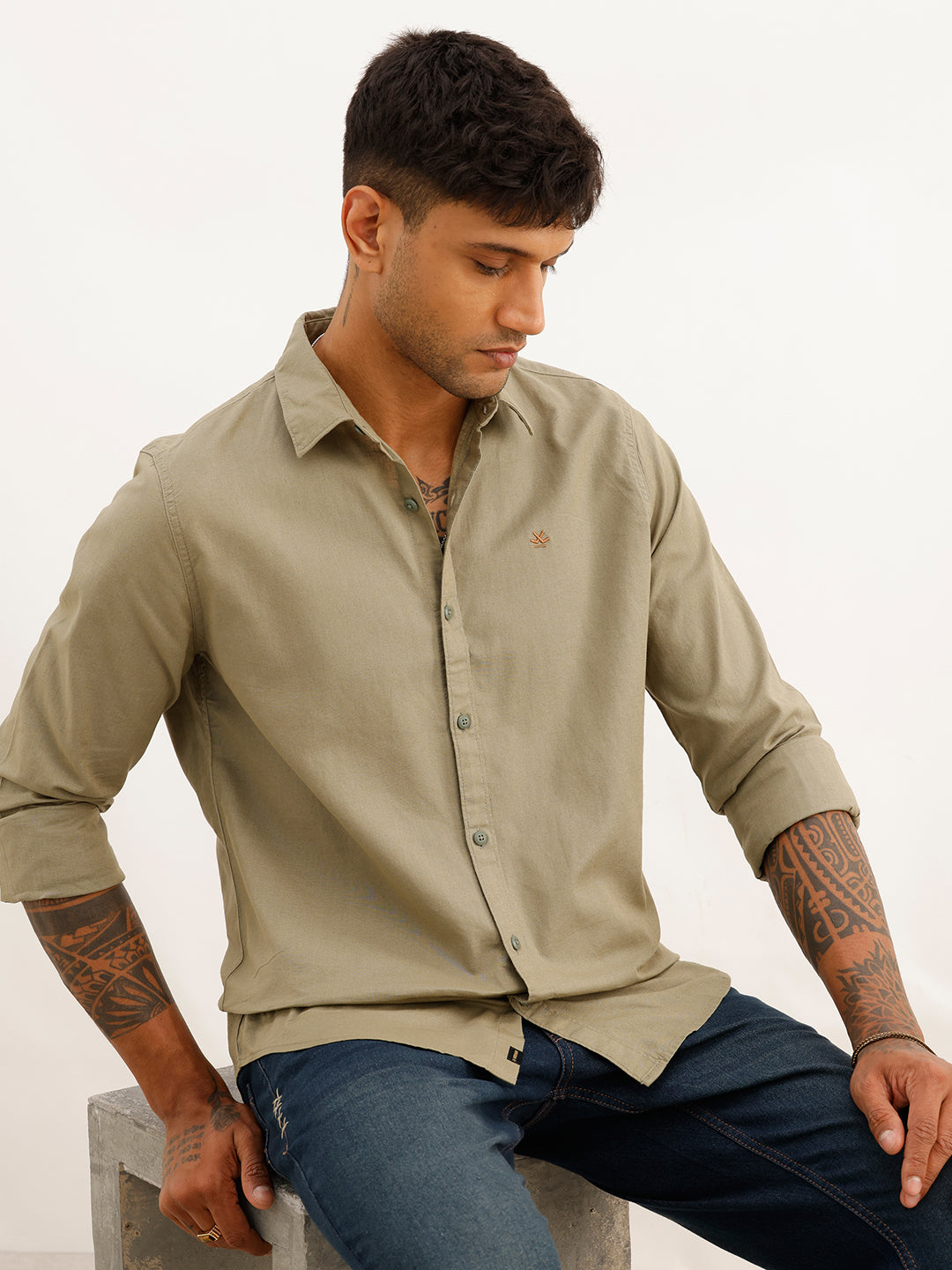 Solid Slim Fit Full Sleeve Shirt | Olive