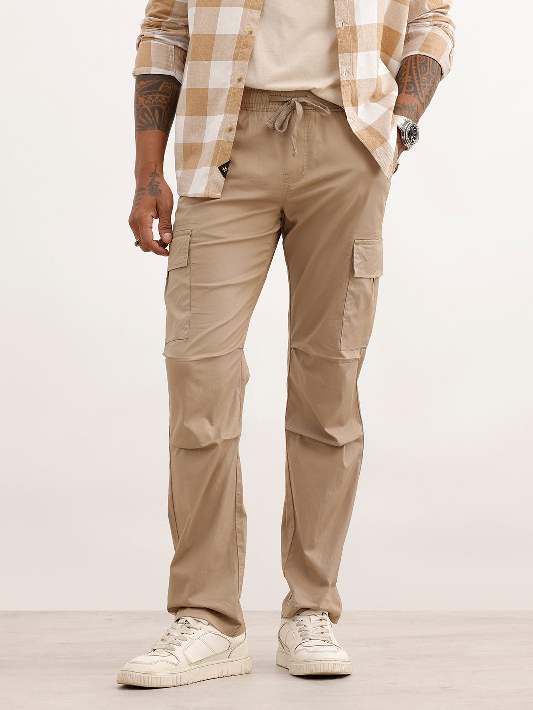 Solid Straight Fit Cargo Trouser | Khaki