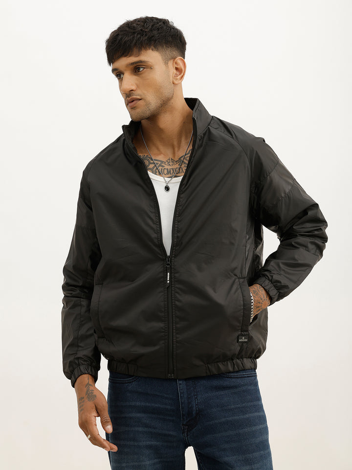 Solid Regular Fit Puffer Jacket | Black