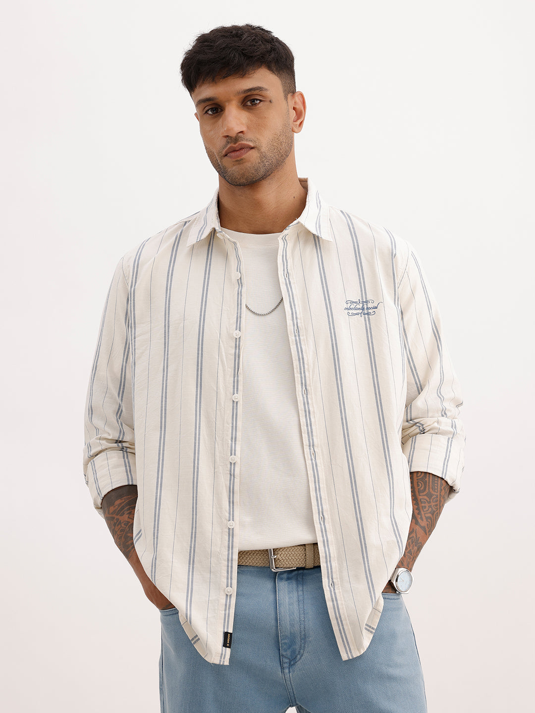 Slim Fit Embroidered Detail Striped Shirt | Off White