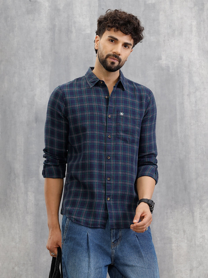 Textured Checkered Cotton Shirt  | Navy Blue