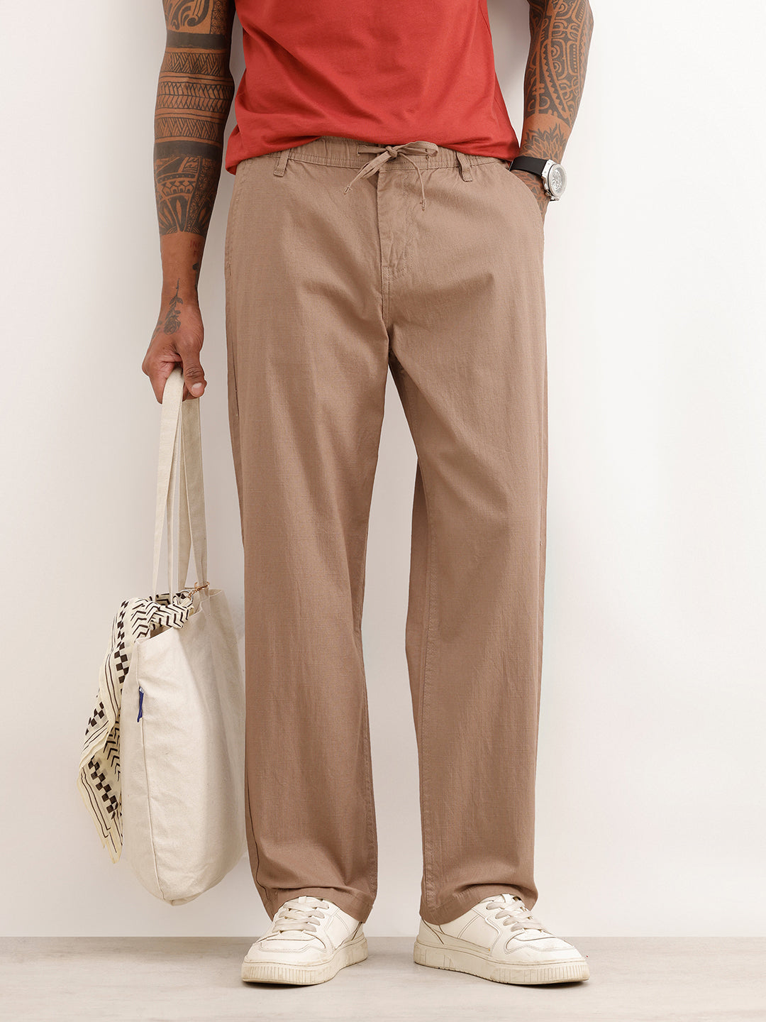 Textured Loose Fit Trousers | Light Brown