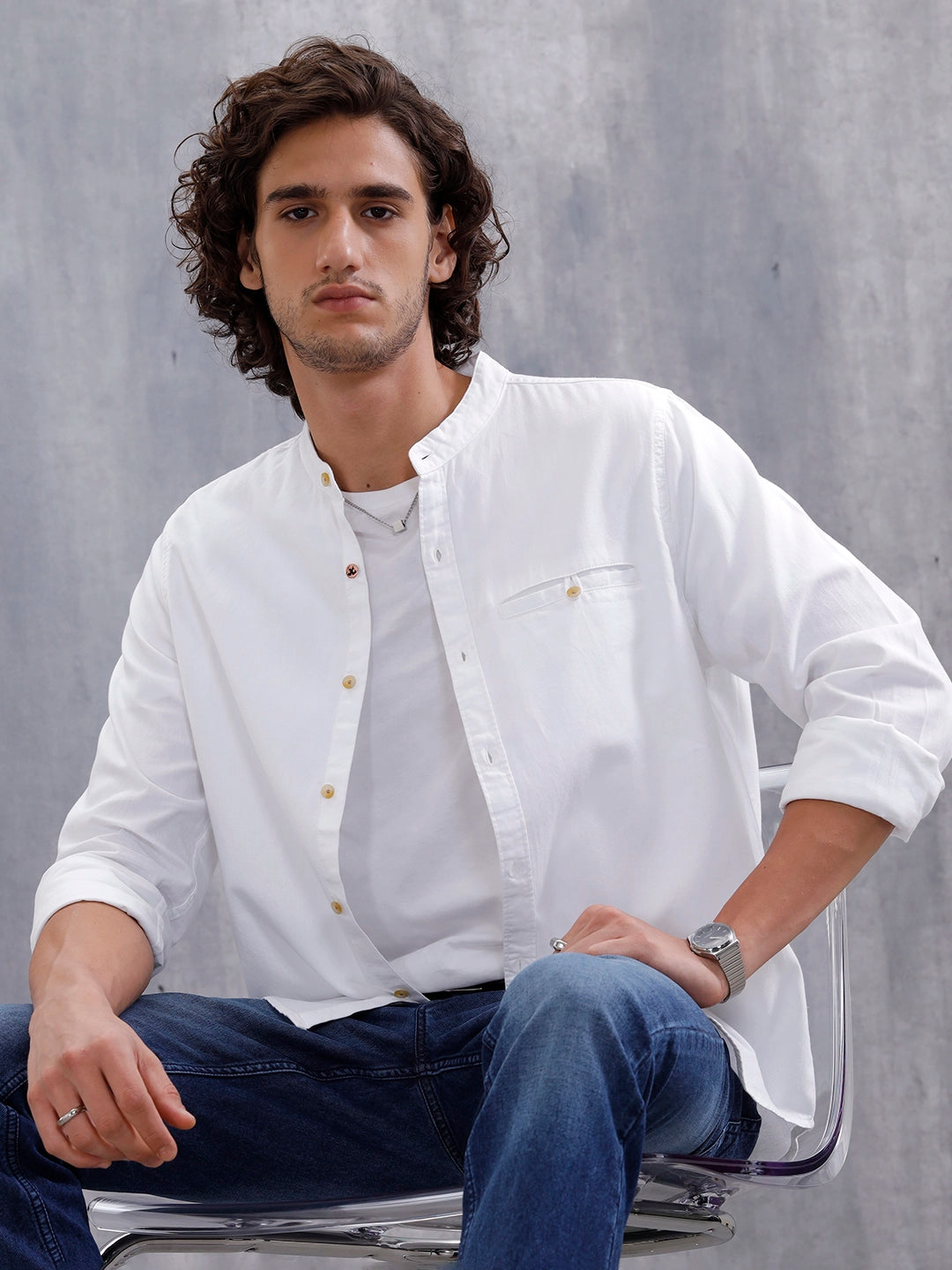 100% Cotton Solid Mandarin Collar Shirt | Off White  Wrogn