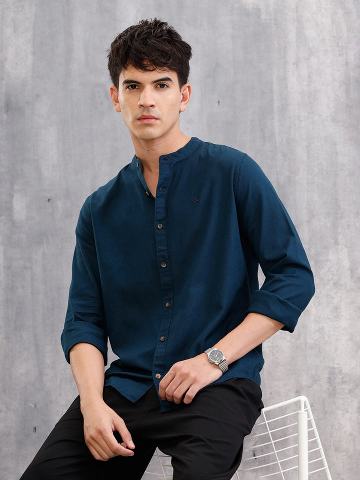 Regular Fit 100% Cotton Solid Shirt | Dark Blue