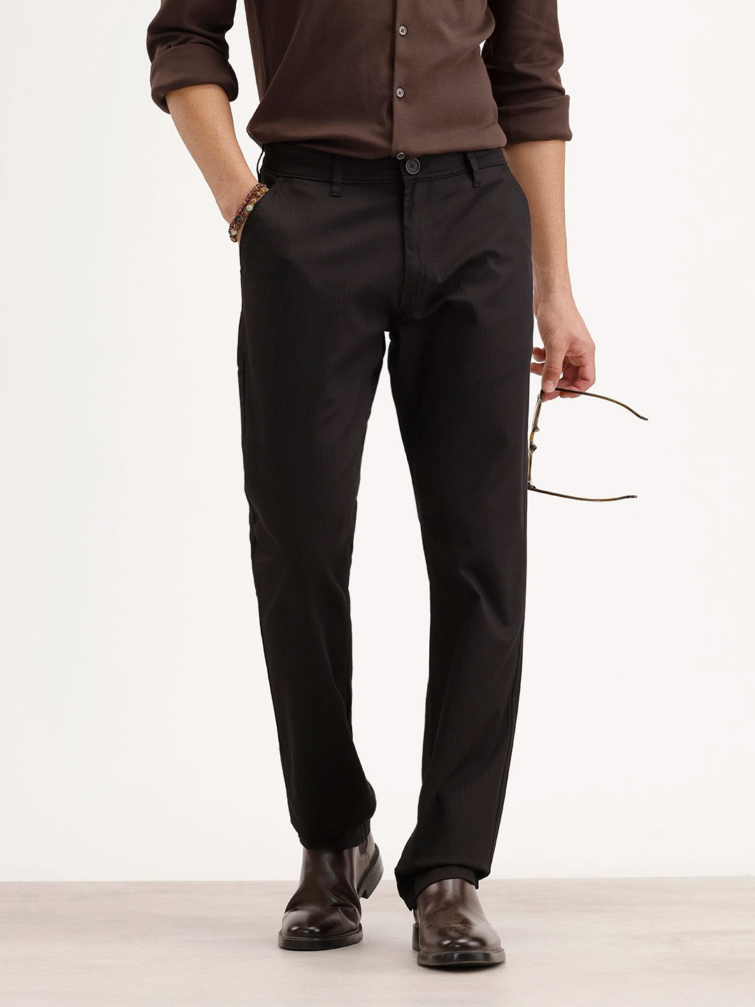 Solid Straight Fit Herringbone Trouser | Black