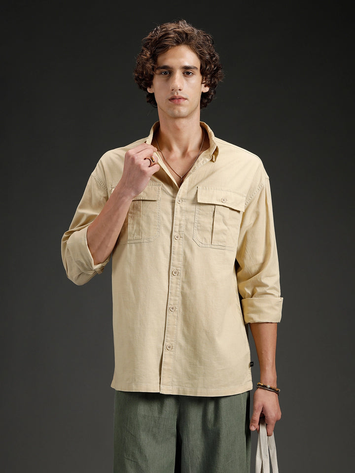 Men's casual oversized fit double pocket shirt  | Khaki