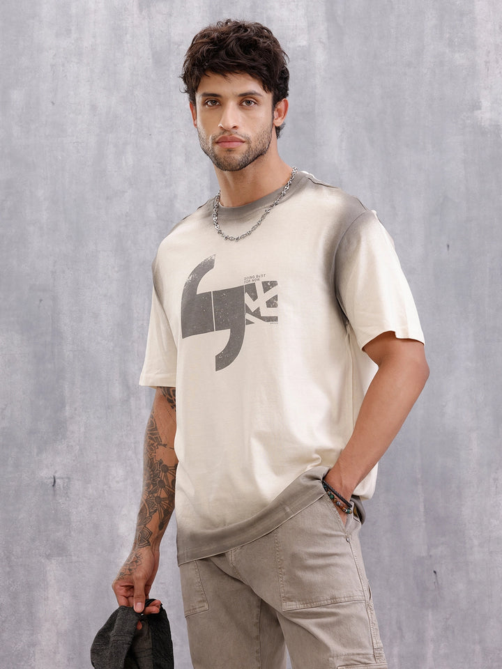 Spray Washed Effect Graphic Printed Oversized Fit T-shirt | Beige