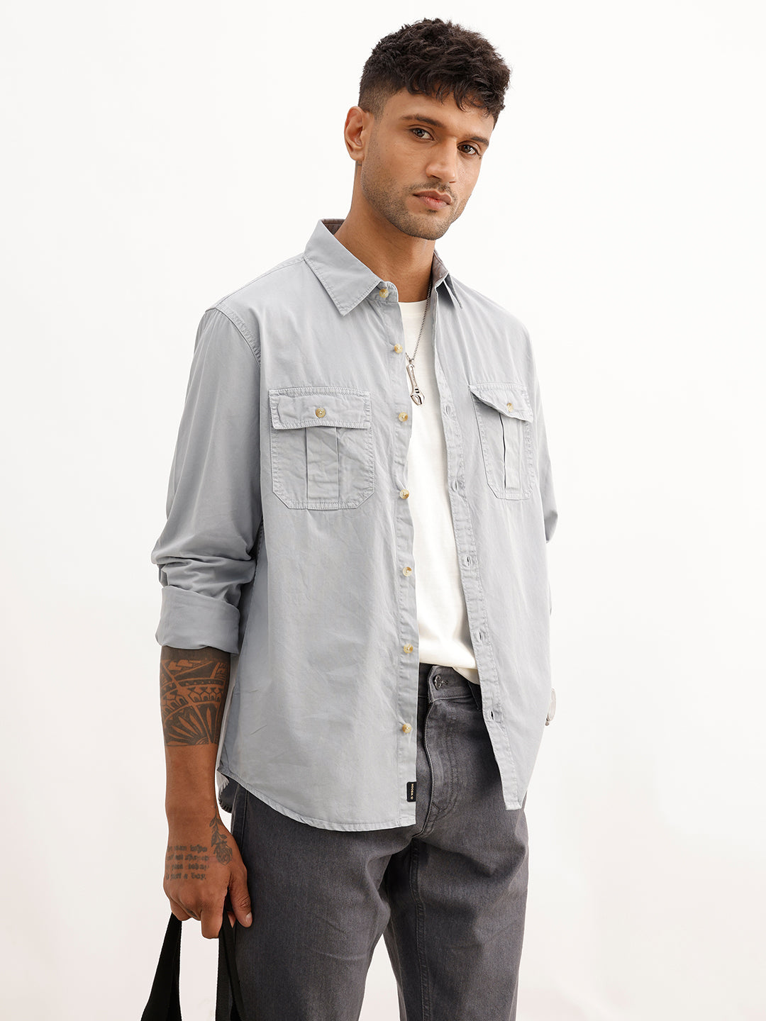 Solid Regular Fit Double Pocket Shirt | Grey