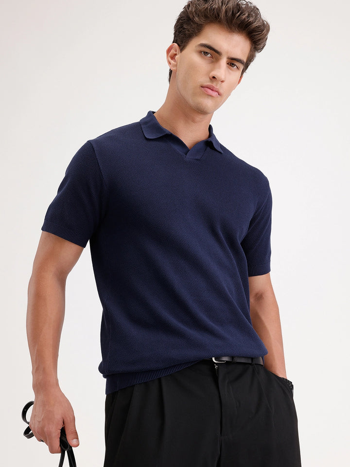 Slim Fit Flat Knit Polo T-Shirt | Navy