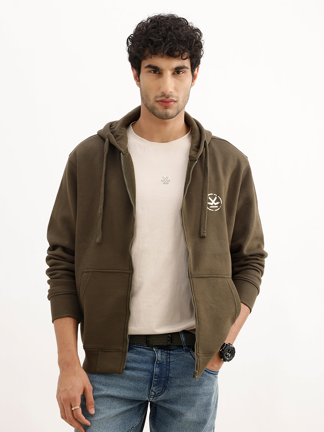 Classic Foil Printed Zipper Hooded Sweatshirt | Olive