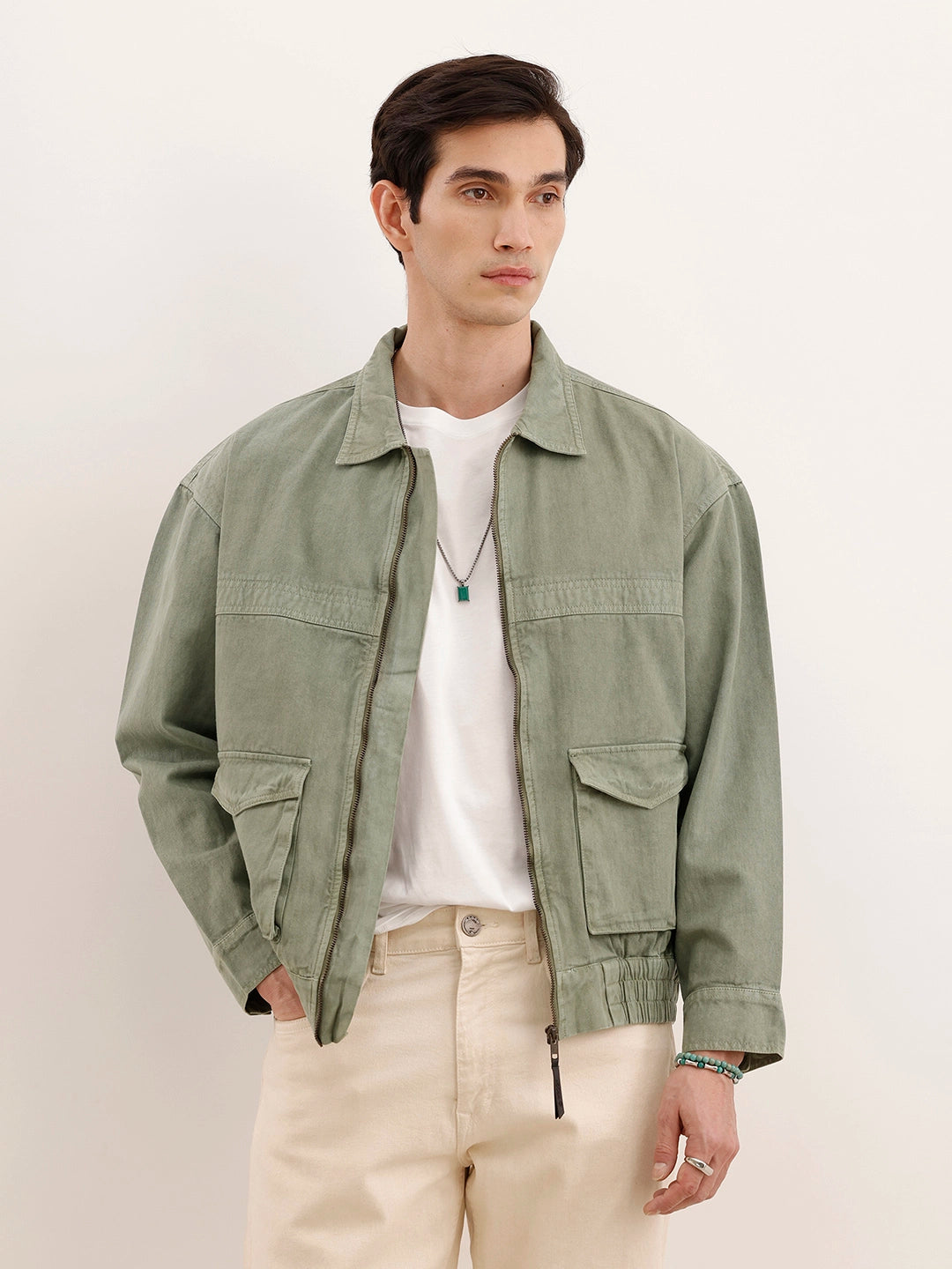 Oversized Zipper Denim Jacket | Olive