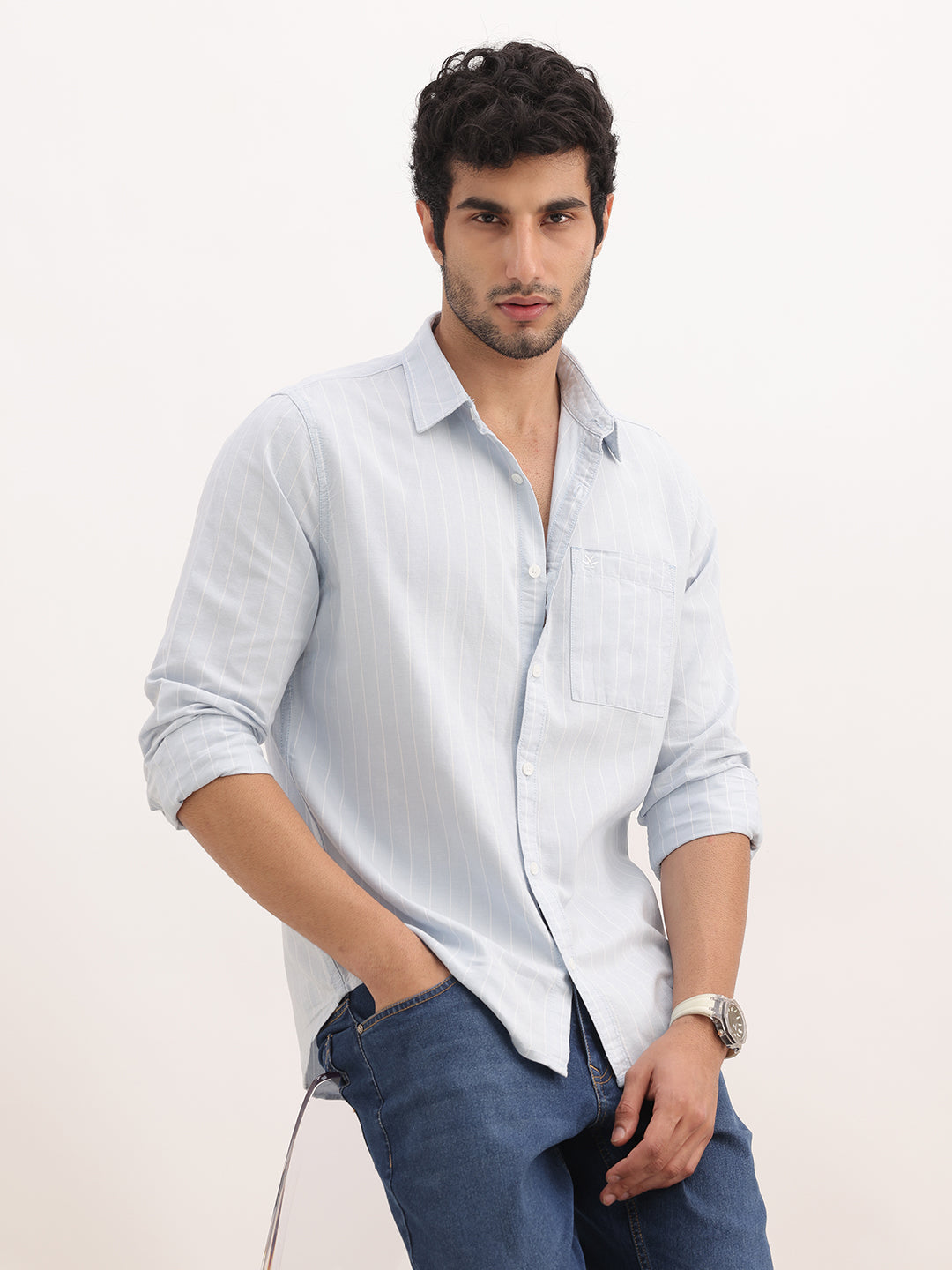 Slim Fit Striped Full Sleeve Shirt | Light Blue