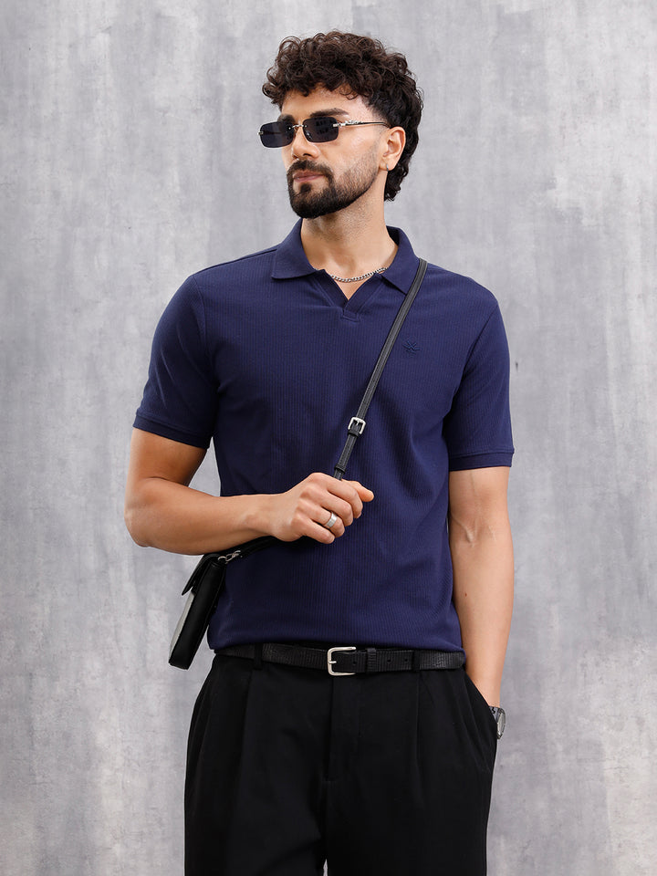 Solid Textured Slim Fit Polo T-Shirt  | Navy Blue