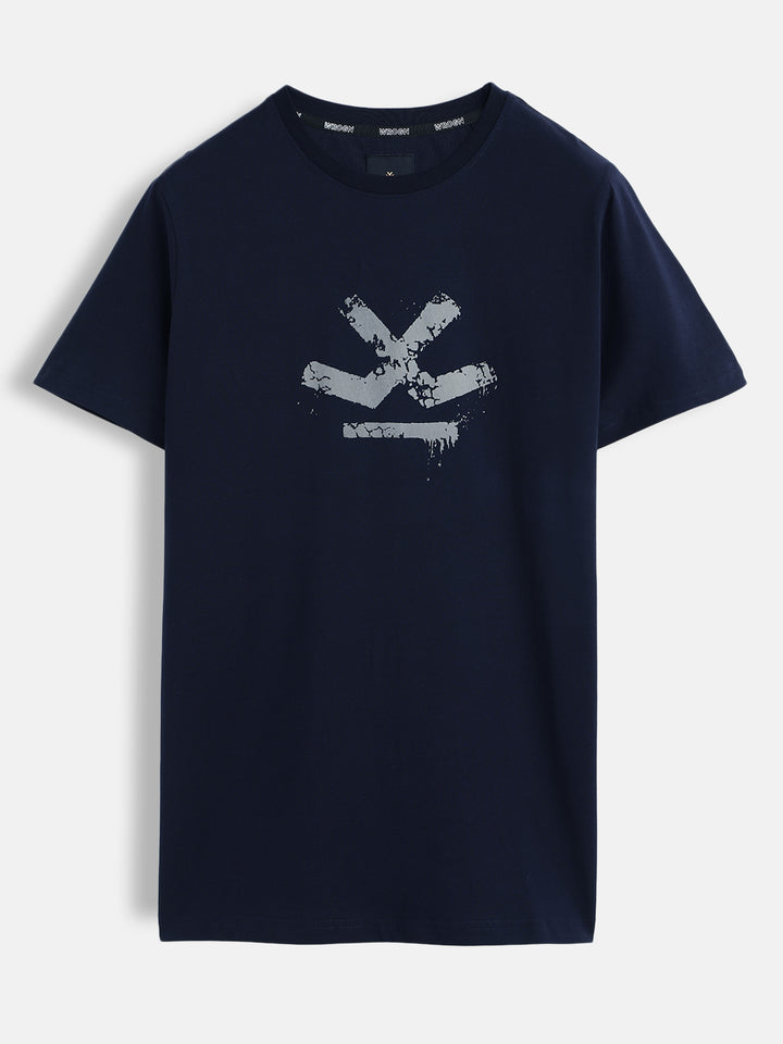Distressed Logo Printed Slim Fit T-Shirt | Navy Blue