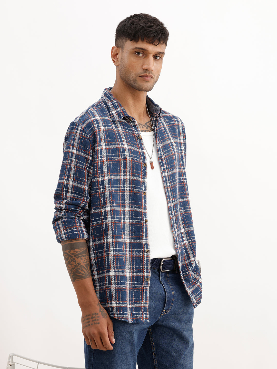 Slim Fit Checkered Full Sleeve Shirt | Navy Blue