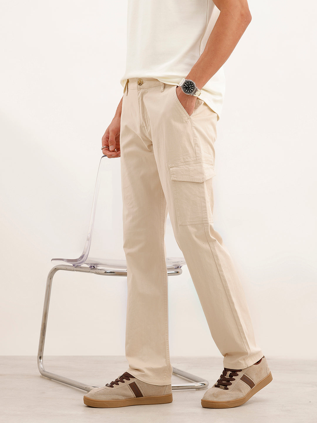 Solid Straight Fit Cargo Trouser | Beige