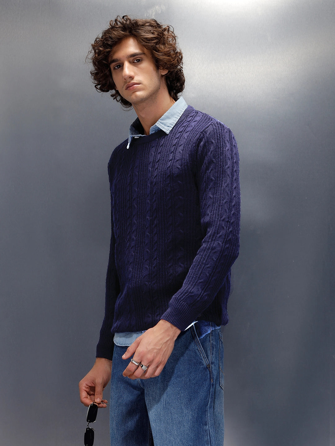 Chunky Cable Knit Slim Fit Crew Neck Sweater | Navy Blue