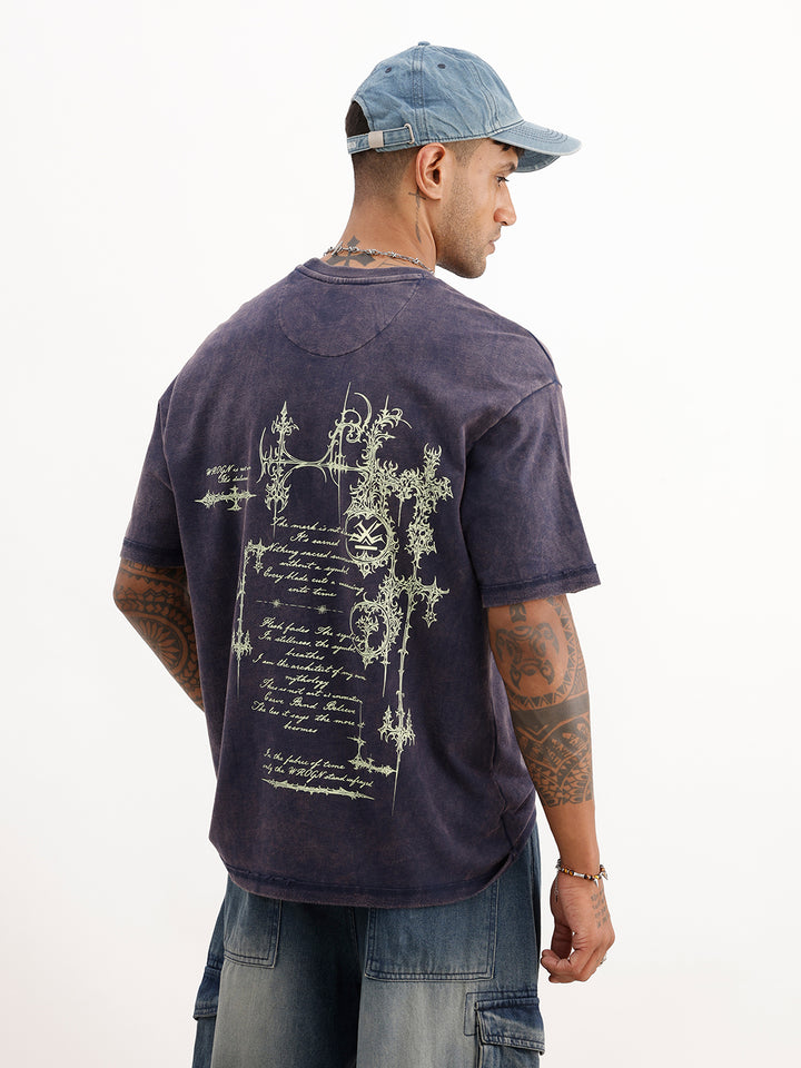 Washed Oversized Placement Printed T-Shirt | Purple