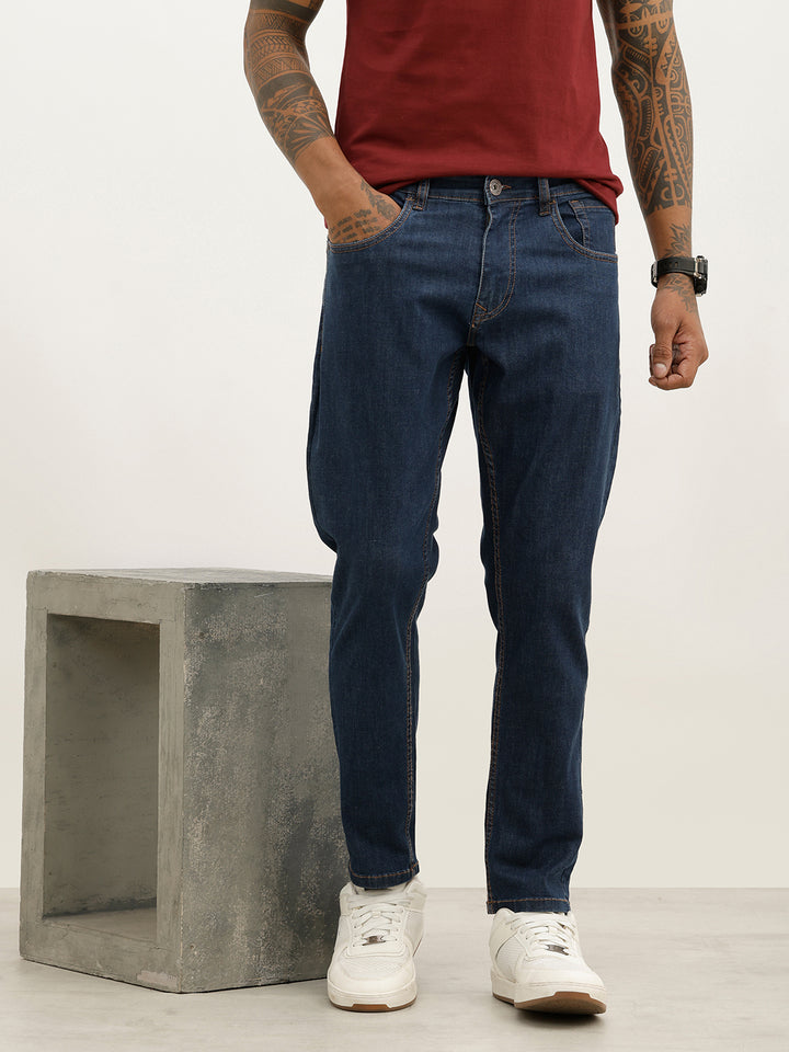 Solid Slim Crop Denim Jeans | Dark Blue