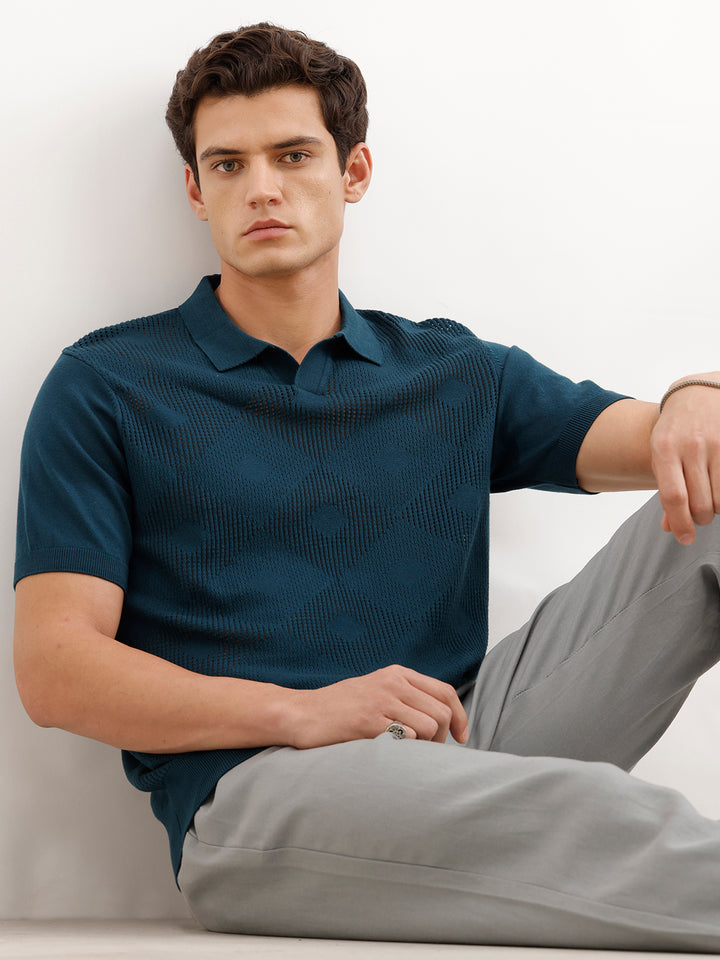 Textured Flatknit Polo T-Shirt  | Teal