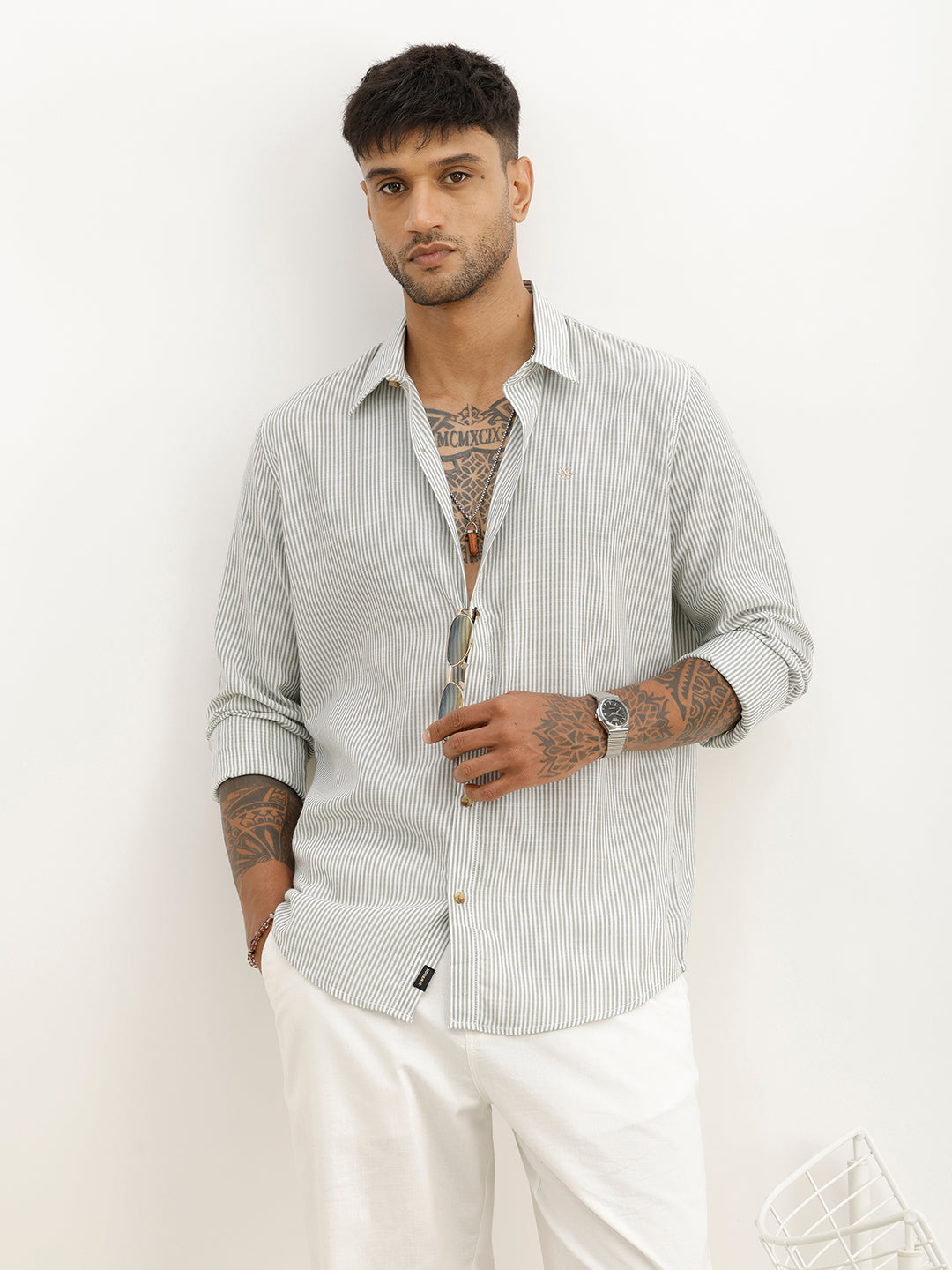 Classic Slim Fit Striped Shirt | Light Green