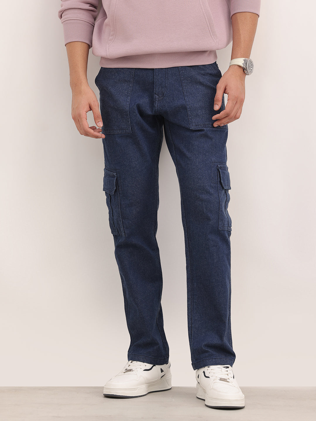 Classic Solid Relaxed Fit Cargo Jeans | Dark Blue