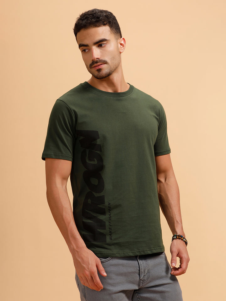Vertical Typography Printed T-Shirt | Olive