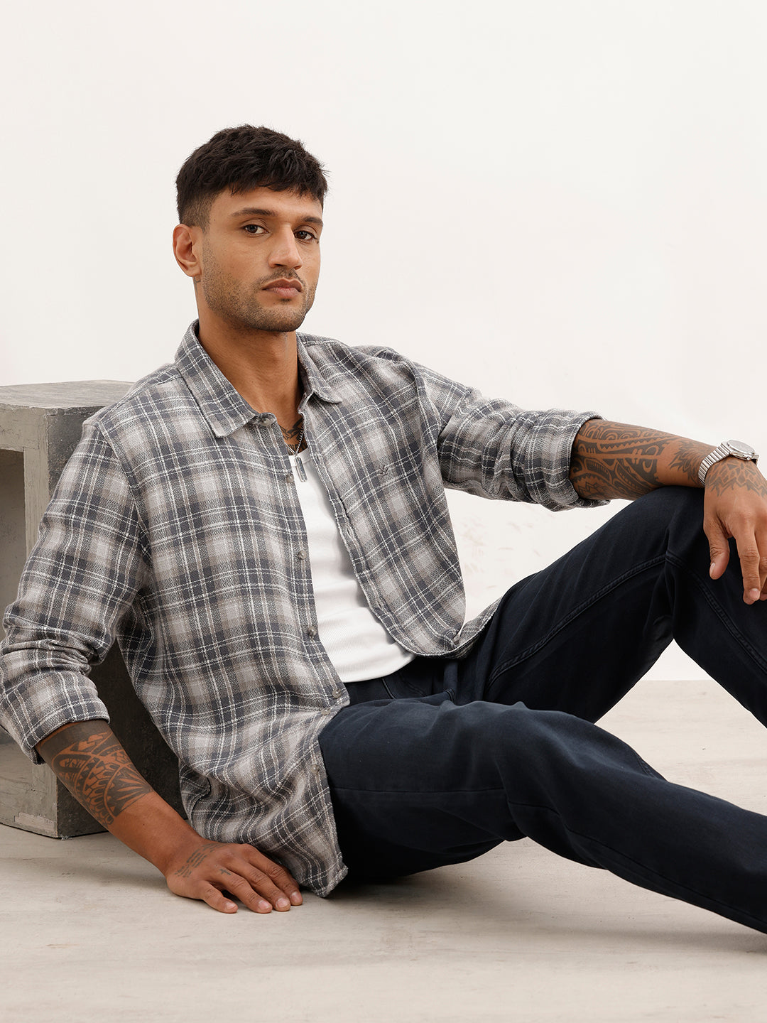 Slim Fit Checkered Full Sleeve Shirt | Grey