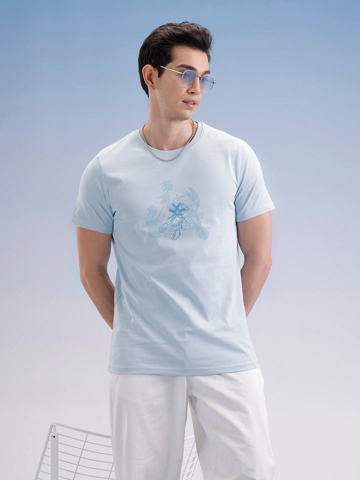 Slim Fit Flock Printed T-Shirt  | Light Blue